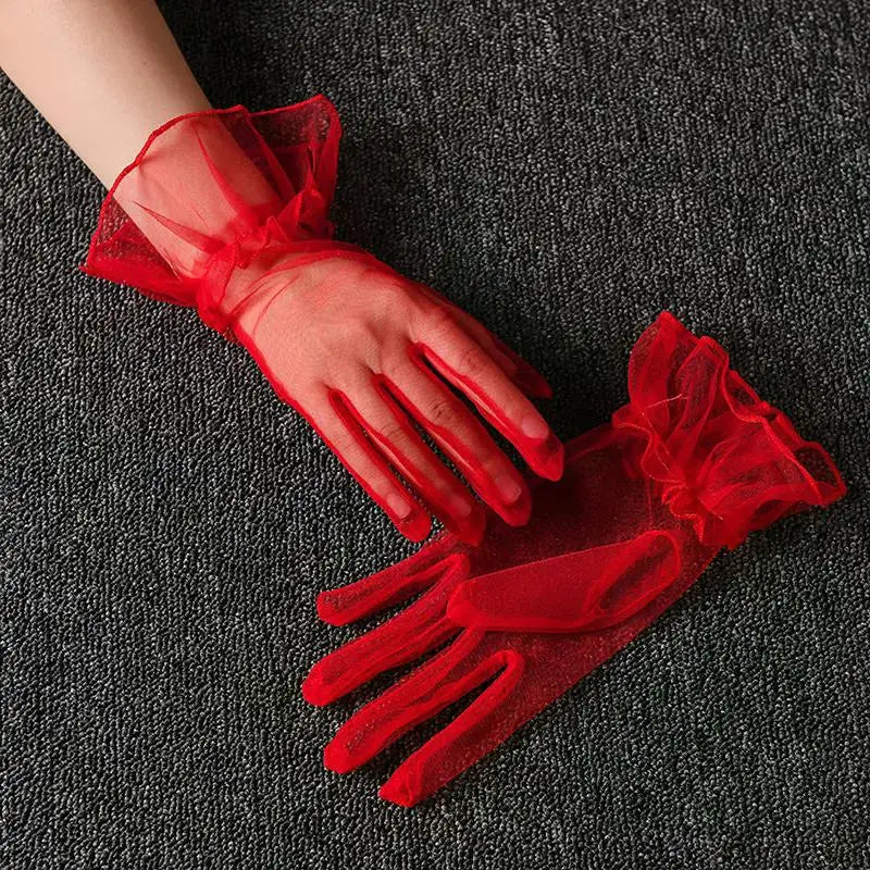 Women Short Tulle Gloves Sexy Lace Mittens Tulle Full Finger Gloves Lady Driving Glove Transparent Mittens Wedding Bridal Gloves