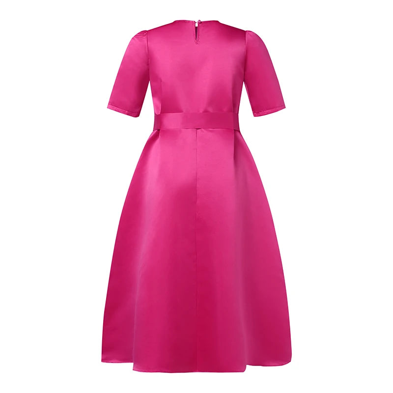 VONDA Plus Size 5XL Elegant Satin Summer Midi Dress 2024 Women Short Sleeve Vestidos Casual Belted Loose Solid Color Long Robe