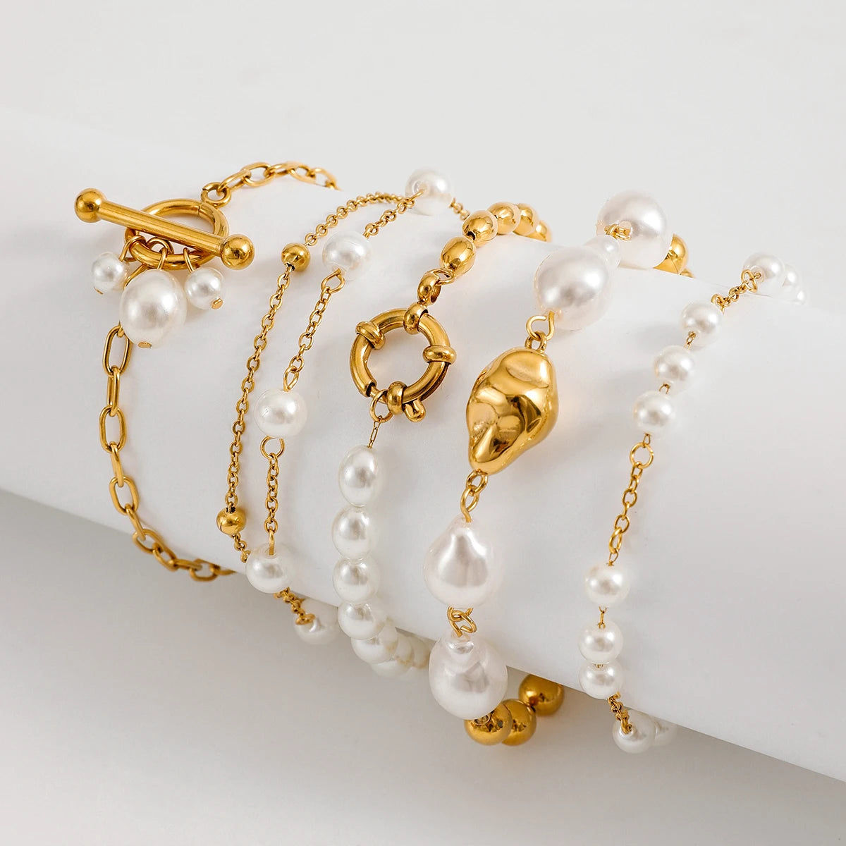 18K Gold Plated Bead Chain Irregular Shaped Glass Pearl Bracelet Chain Women Stainless Steel Rust Proof Anti Allergic Jewelry