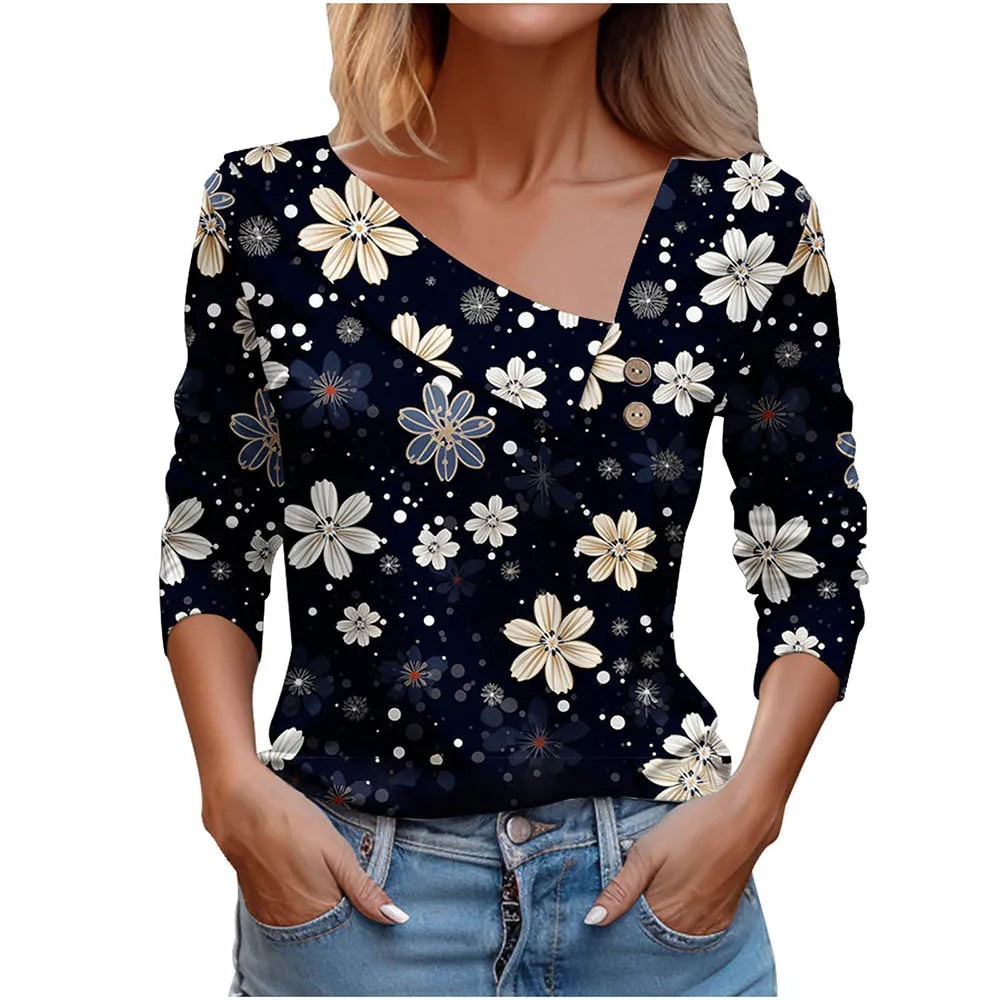 T Shirt For Women Fashion Long Sleeve Top White Floral Print Shirts And Blouses Autumn Winter Clothes For Women 2024 Viralgem Store