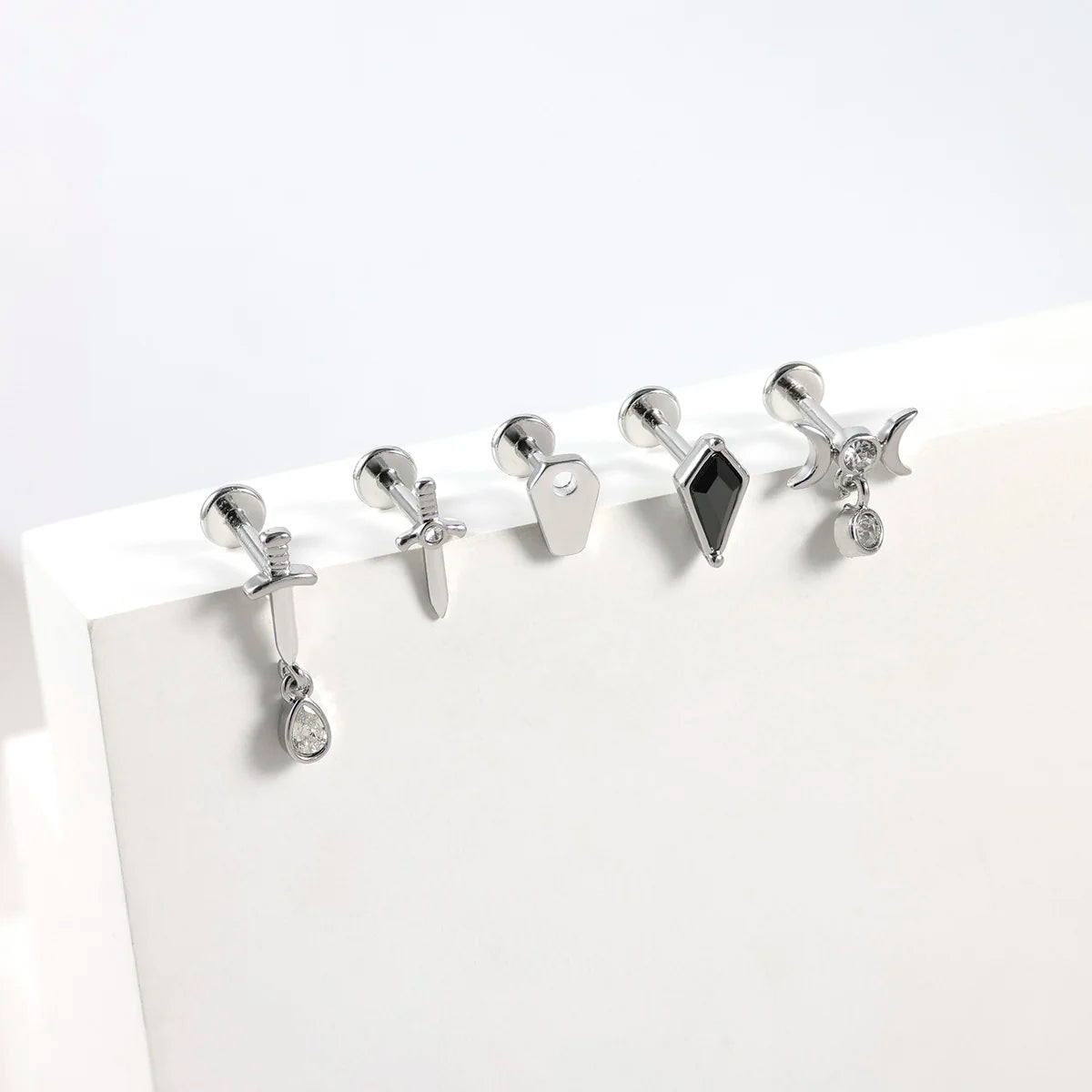 1pc Stainless Steel Rhinestone Lip Stud Crescent Pendant Cross Spider Fan Cartilage flat back Ear Stud Tragus Piercing Earrings