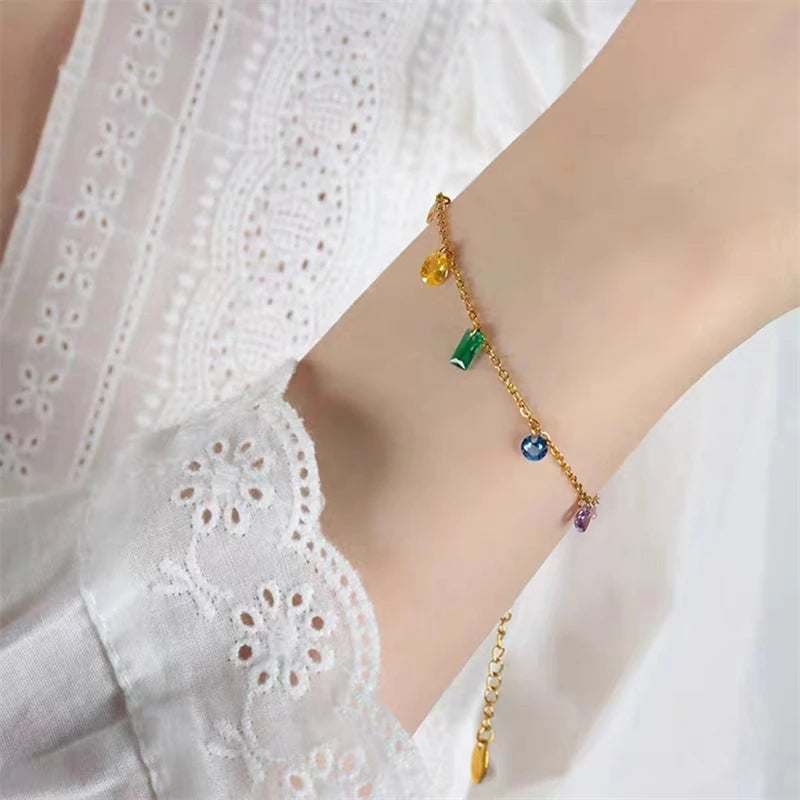 316L Stainless Steel New Fashion Fine Jewelry Colorful Zircons Different Shapes Charm Chain Necklaces Bracelets Anklet For Women