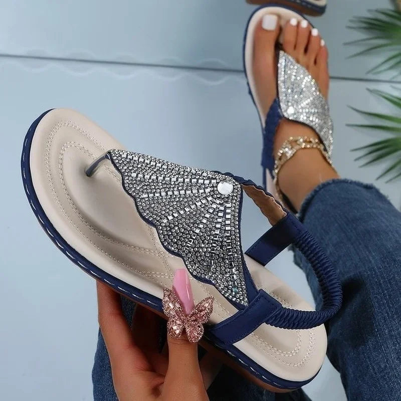 2024 Women's Summer Shoes Fashion Rhinestones New Sandals Flat Outdoor Beach Sandals Women Casual Clip Toe Sandalias De Mujer