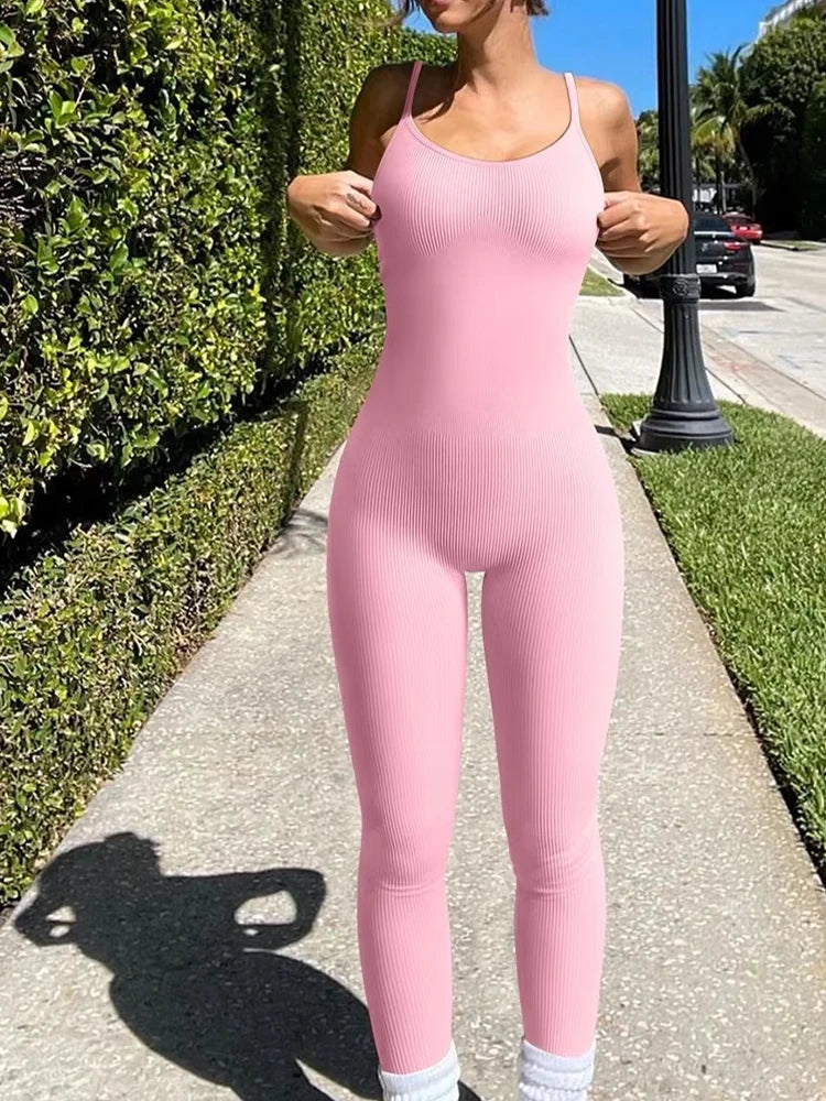 2024 New Fashion Solid Color Slim-fit Sexy Hip Lifting Bodysuit Sports Yoga Seamless Women's Jumpsuit Set