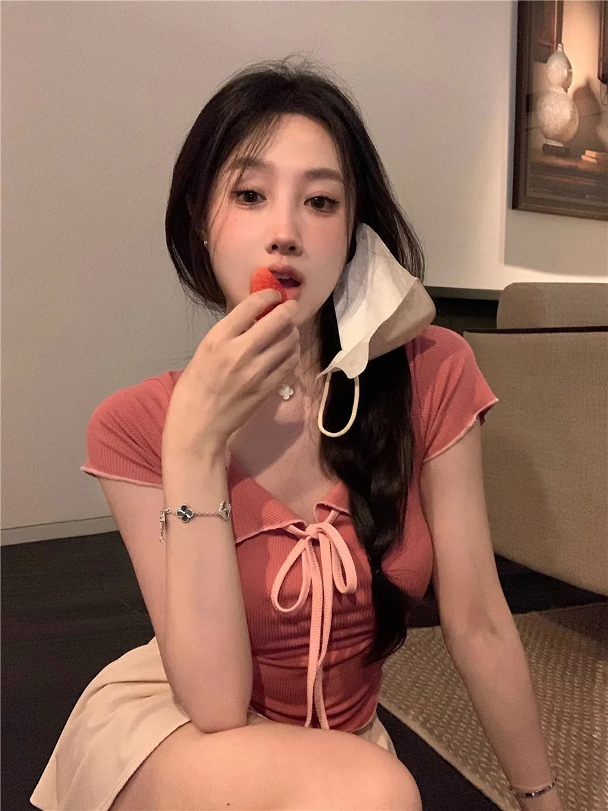 Sweet Spicy Girl Style Tie Straps V-neck Women's Knitted T-shirt Show Slim Figure Short Sleeved Tops Youth Elegant