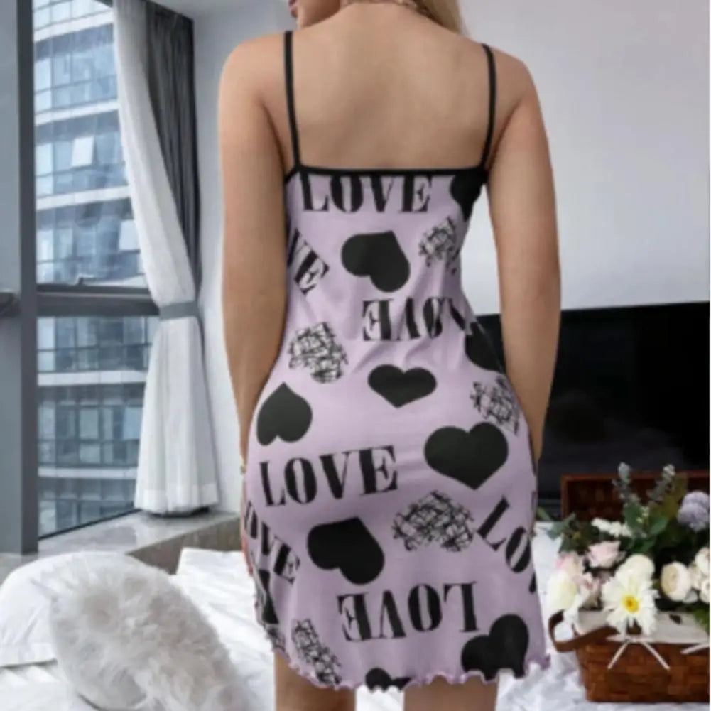 Spaghetti Strap Sleep Dress Heart Letter Print Nightdress Backless Lady Nightgown Casual Round Neck Sling Women Sleepwear Dress Viralgem Store