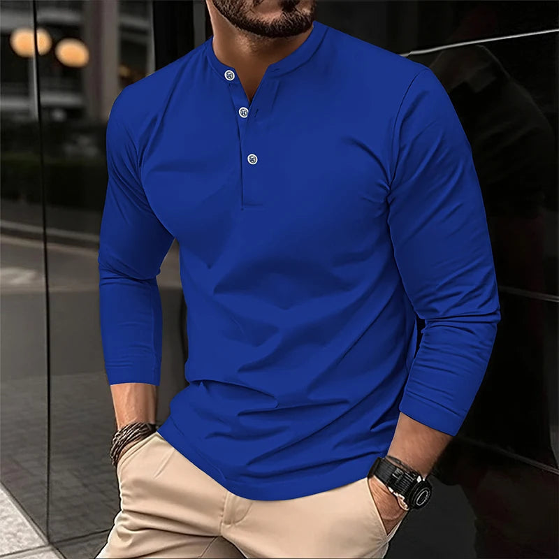 2025 Men's Summer Long Sleeve Henry Polo Casual Breathable Comfortable Polo Shirt Solid High Quality Male T-Shirt Dropshipping Viralgem Store