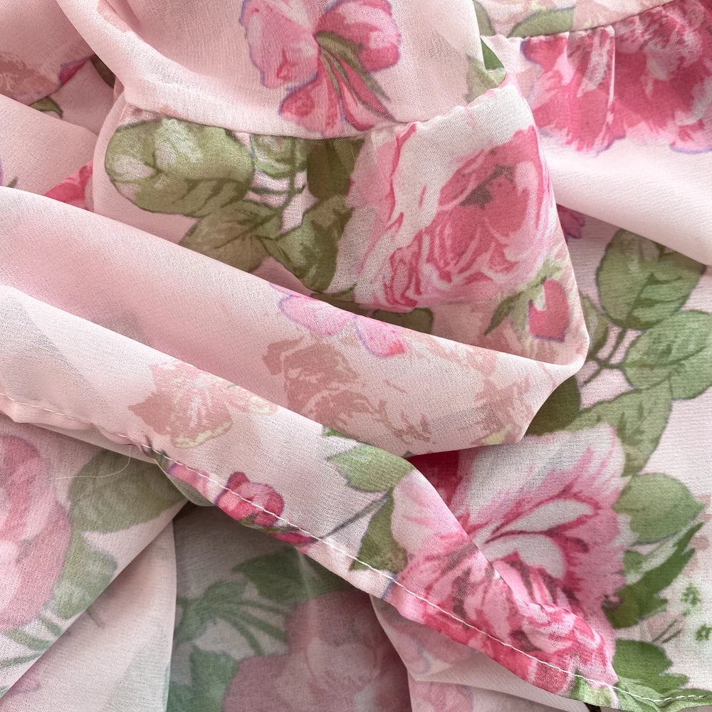 Spring Autumn Women Floral Chiffon Long Dress Vintage Purple/Pink/Black/Beige Stand Collar Single Breasted Maxi Robe Elegant New Viralgem Store