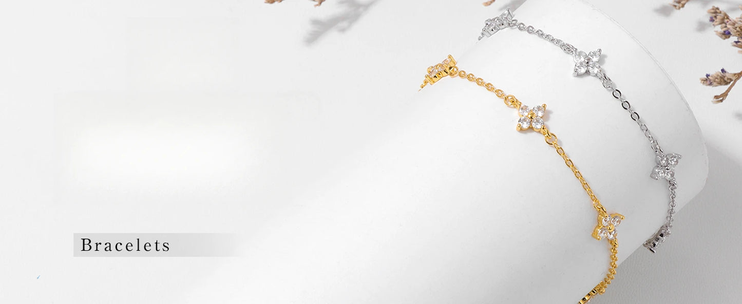 925 Silver Plated Cz Four-leaf Flower Bracelet for Women Girl Cute Dainty Adjustable Link Chain Bracelet Trend 18k Gold Jewelry