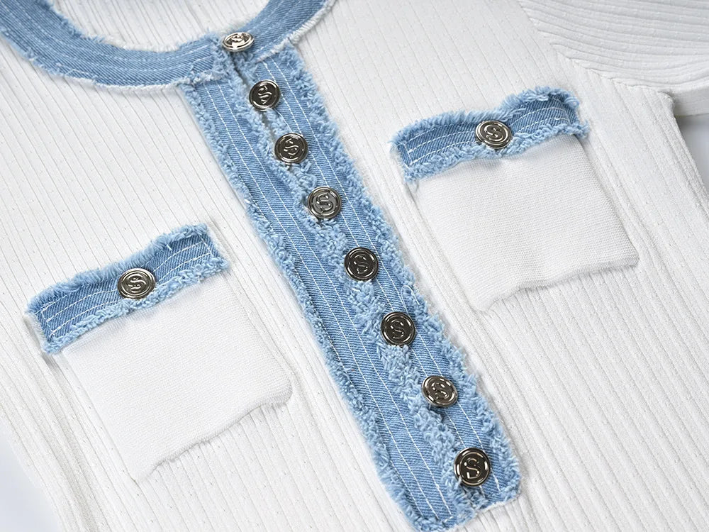 2024 New Summer Elegant Women Knitted Maxi Dress Chic O-neck Short Sleeve Denim Patchwork Bodycon Dresses Office Lady Robe Viralgem Store