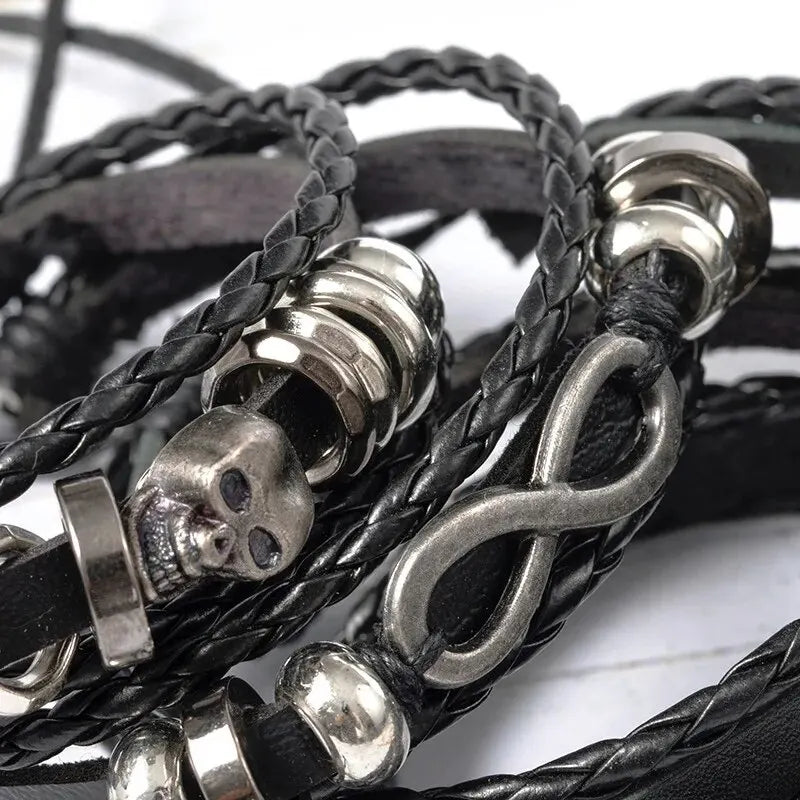 5pcs Metal Diy Braided Punk Style Bracelet Set, Featuring Pu Leather And Beads