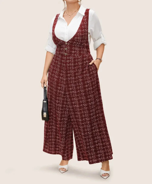2025 Women's Sleeveless Oversized Jumpsuit Overalls Ladies Sexy Plaid Deep V Neck Wide Leg Pants Jumpsuits with Buttons Pockets Viralgem Store