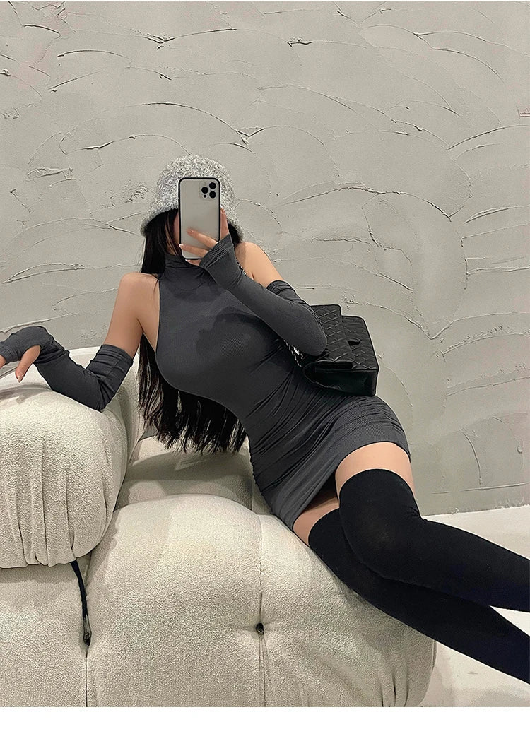 Summer Sexy High Neck Tight Dress Oversleeve Pleated Bottom Wrapped Hip Dress Women Bodycon Viralgem Store