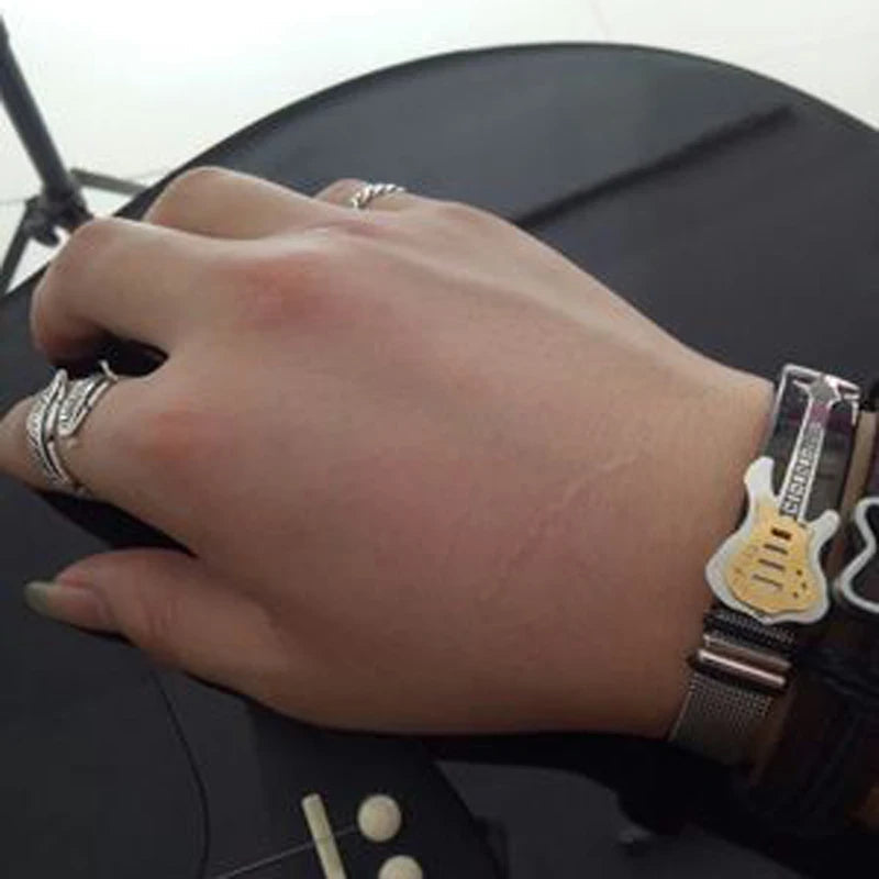 10mm Stainless Steel Guitar Bracelets Fashion Men's Bend Tag Adjustable Mesh Band Bangles Couple Music Party Jewelry Gift Viralgem Store