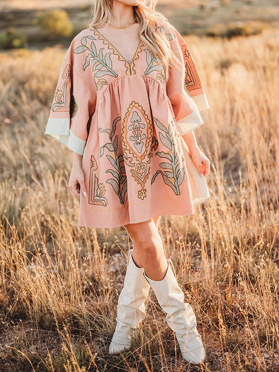 Women's Floral Print Dress Summer Half Sleeves V-Neck Loose Fit Short Dress Relaxed Fit Comfort Beach Dress