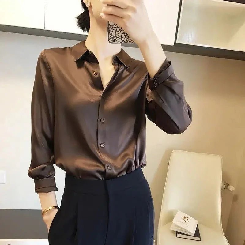 All-match Satin Finish Shirts And Blouses Women Clothing Casual Top OL Long Sleeve Button Elegant Shirts French Solid Blouses Viralgem Store