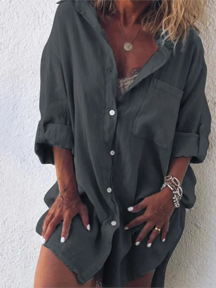 Women's Summer New Fashion Cotton Linen Pocket Beach Button Long Sleeved Shirt Casual And Comfortable Plus Size Women's Clothing Viralgem Store