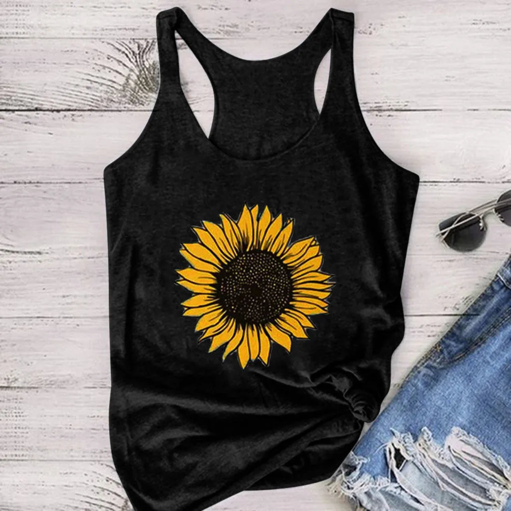 Women Plus Size Summer Sunflower Print Round Neck Sleeveless T-Shirt Top Tank New Fashion Simple Versatile Women'S Clothing 2023