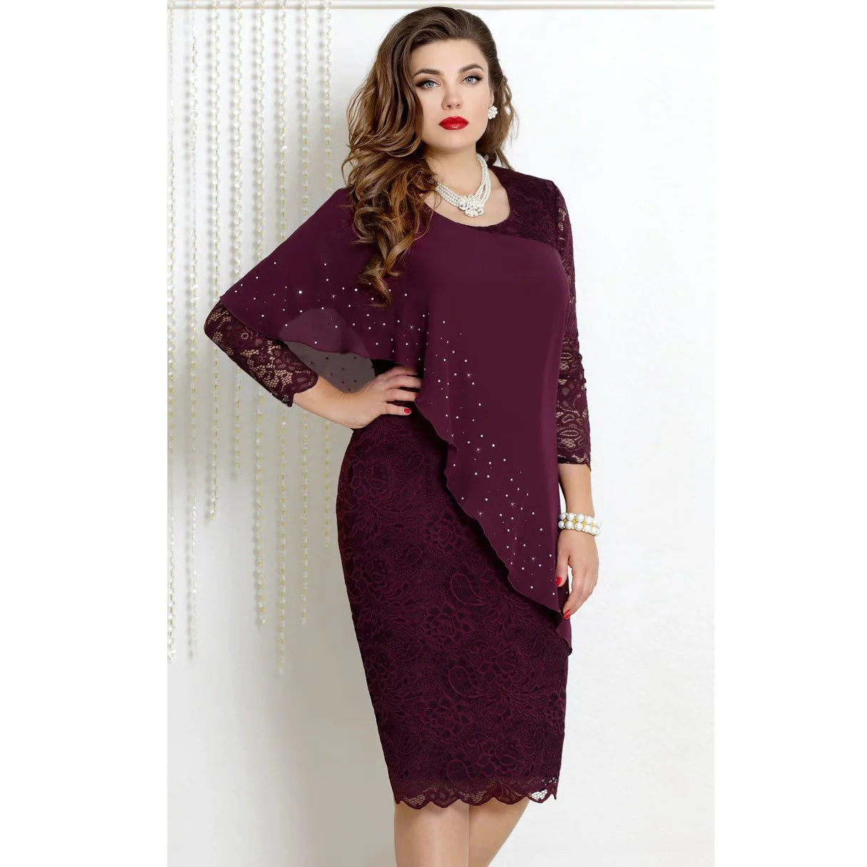 Women's Plus Size New Year Knitted Dresses 2022 Mesh Lace Long Sleeve Stitching Luxury Evening Fake Two-piece Chiffon Dress 90s