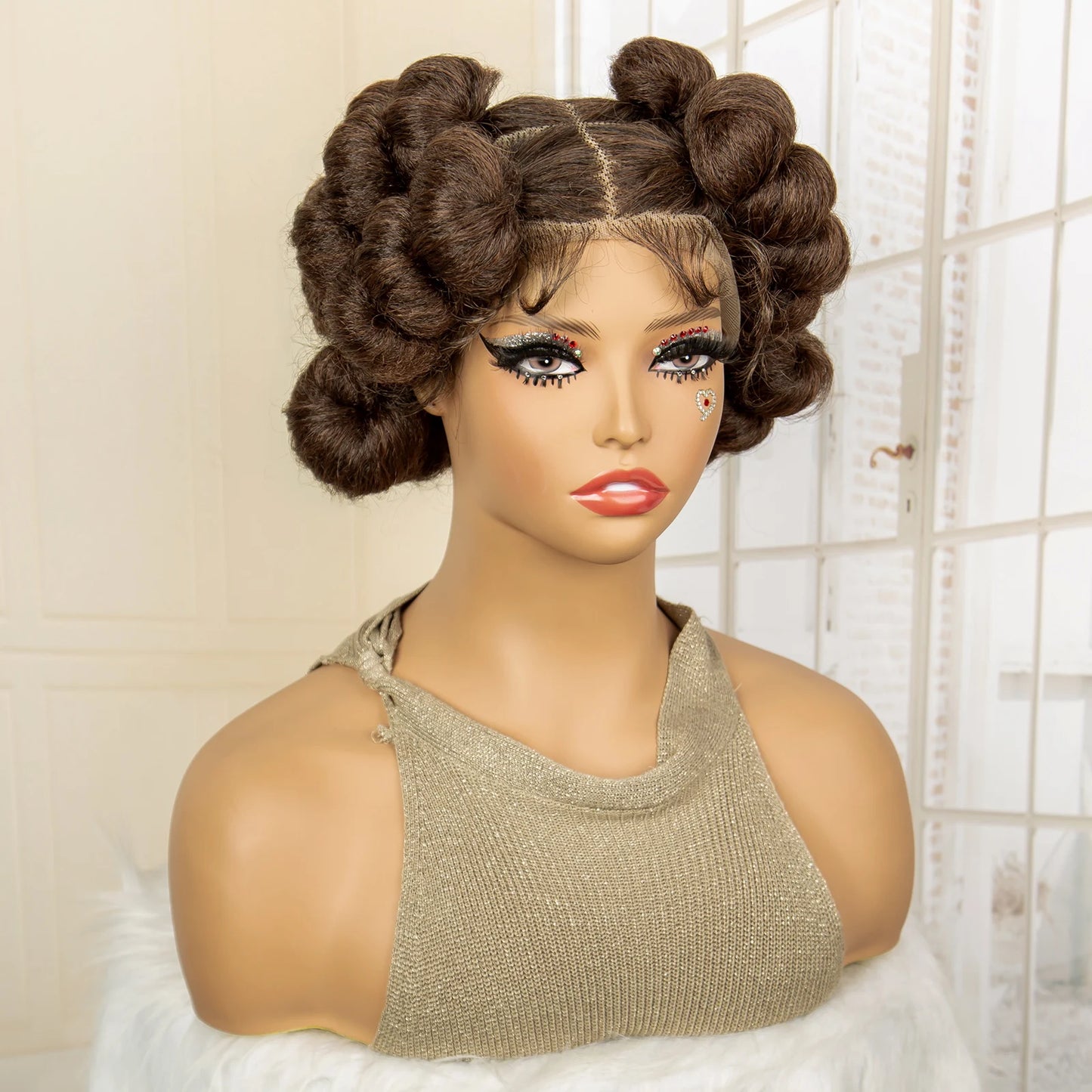 Synthetic Full Lace Handmade Bantu Braided Wigs Short Cute Natural Braided Lace Wigs with Baby Hair for Women