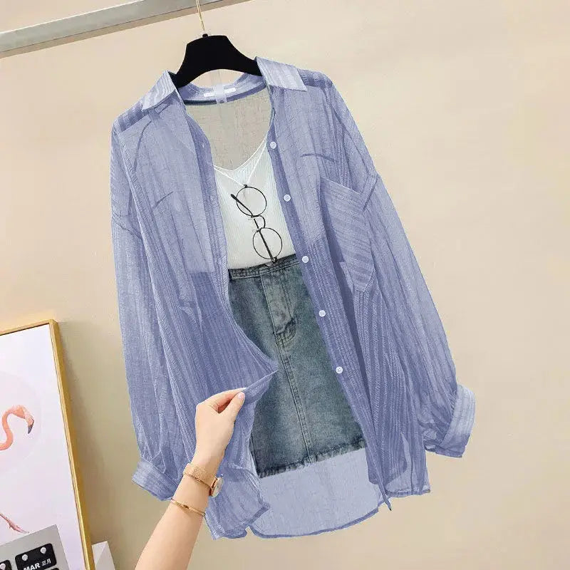 Summer Sunscreen Shirt Elegant Perspective Thin Chiffon Blouse Korean Harajuku See Through Loose Top Casual Women's Cardigan Freshlook Styles