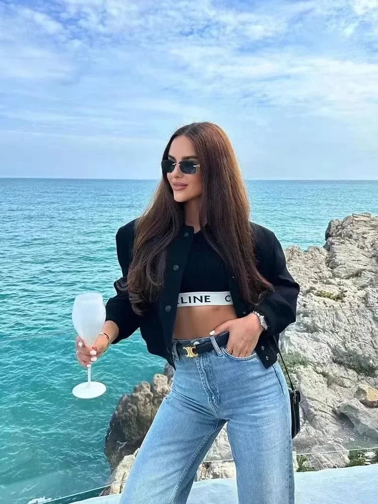 2024 Woman Bomber Jacket Coat White Autumn Winter Button Baseball Aviator Cropped Jackets For Women Long Sleeve Crop Outerwear