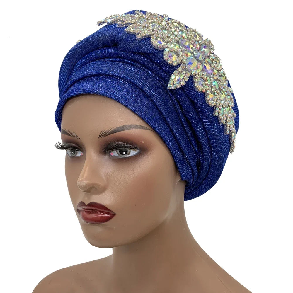 African Wrap Head Headgear Nigeria Auto Gele Headtie Turbante Mujer Luxury Rhinestone Turban Hat for Women Glitter