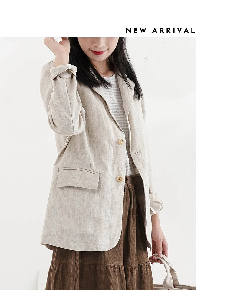 100% Linen Women Blazer Casual Notched Collar Long Sleeve Singgle Breasted Office Lady Outerwear Stylish Tops Retro Coat Viralgem Store