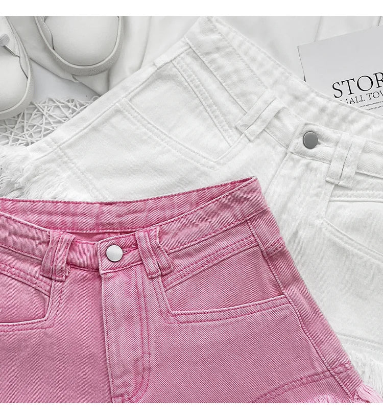 White Denim Shorts Women New High-Waist Ripped Fringed Burr Hot Pants 2023 Summer Loose Wide-Leg Korean Style Short Femme