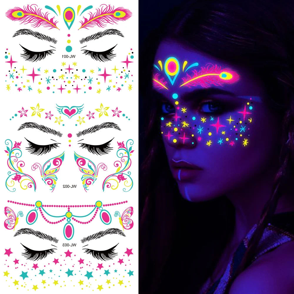 1Pcs Halloween Fluorescent Face Stickers 12-Styles Feather/Flowers/ButterflyDesign Tattoo Sticker Waterproof Glowing Face Decals Viralgem Store