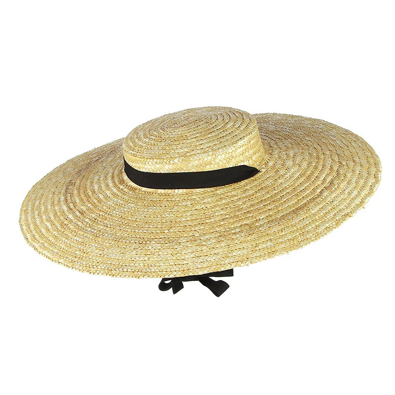 Wide Brim Straw Hat For Women Long Ribbon Ladies Beach Hat Summer Sun Visor Cap Flat Top Large Brim Tie Straw Straw Hat Viralgem Store