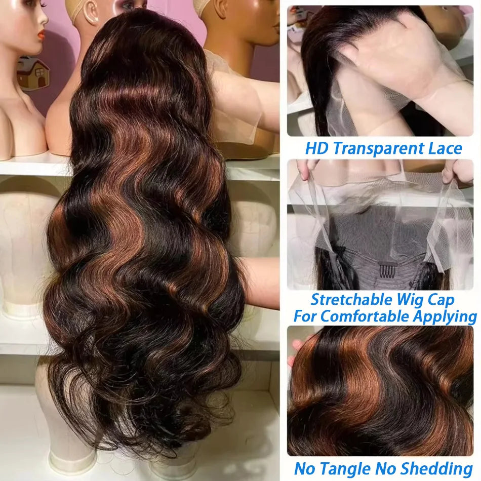 Upgraded 1B/30 Balayage Body Wave 13x4 Highlight Lace Front Human Hair Wig Vietnamese 30 Inch Omber Brown Colored Wig Human Hair Viralgem Store