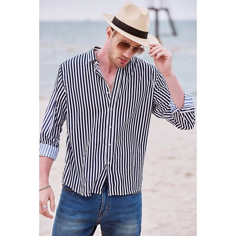 2025 Men's Formal Shirt Striped Shirt Button Lapel Soft Shirt Wedding Black White Red Navy Blue Long Sleeve Clothing XS-6XL