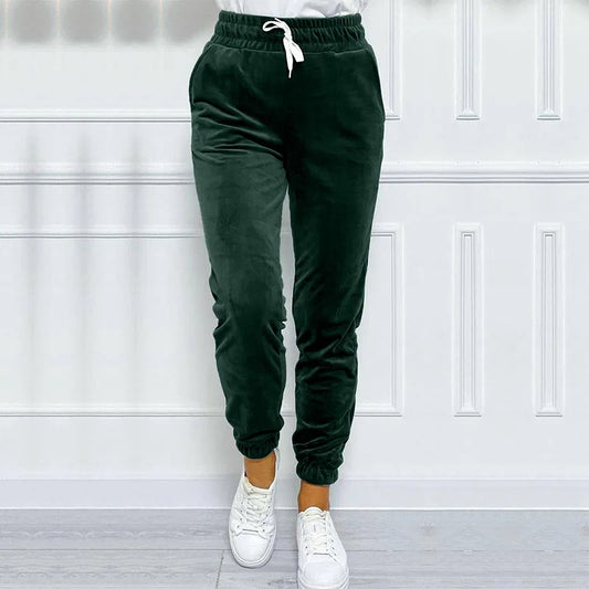 Solid Drawstring Velvet Jogger Pants, Versatile Warm Sweatpants For Fall & Winter, Women's Clothing