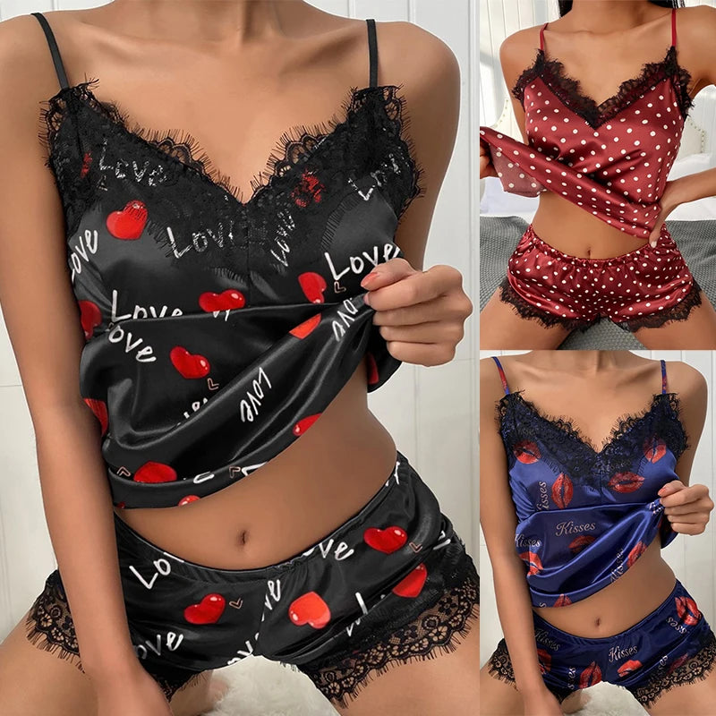 2023 Women Pajama Suit Fashion V-Neck Stretch Satin Babydoll Lace Sexy Lingerie Bowknot Pyjamas Sleep Shorts Set Sleepwear New Viralgem Store
