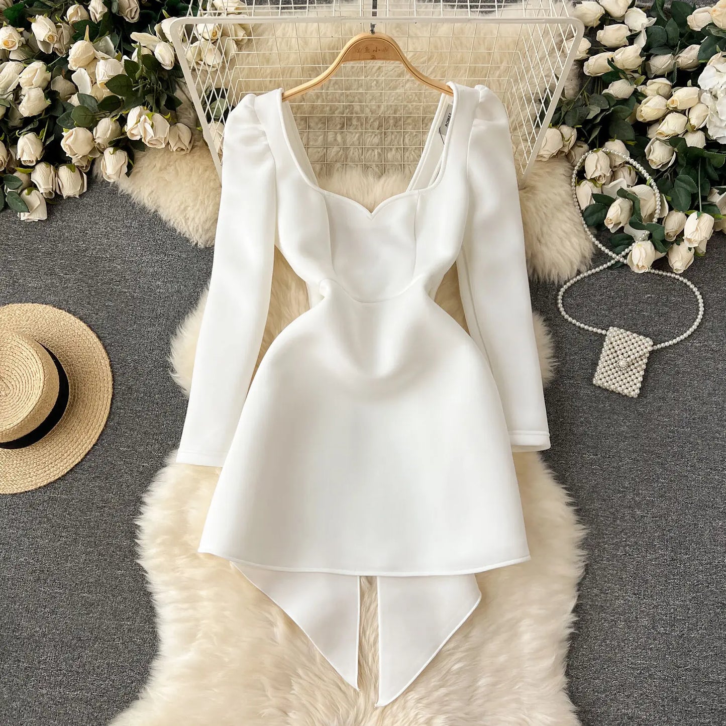 XFPV Female Dress Square Collar Solid Puff Sleeve Backless Bow High Waist Elegant Fashion Vestidos Spring Autumn2024 SM9457