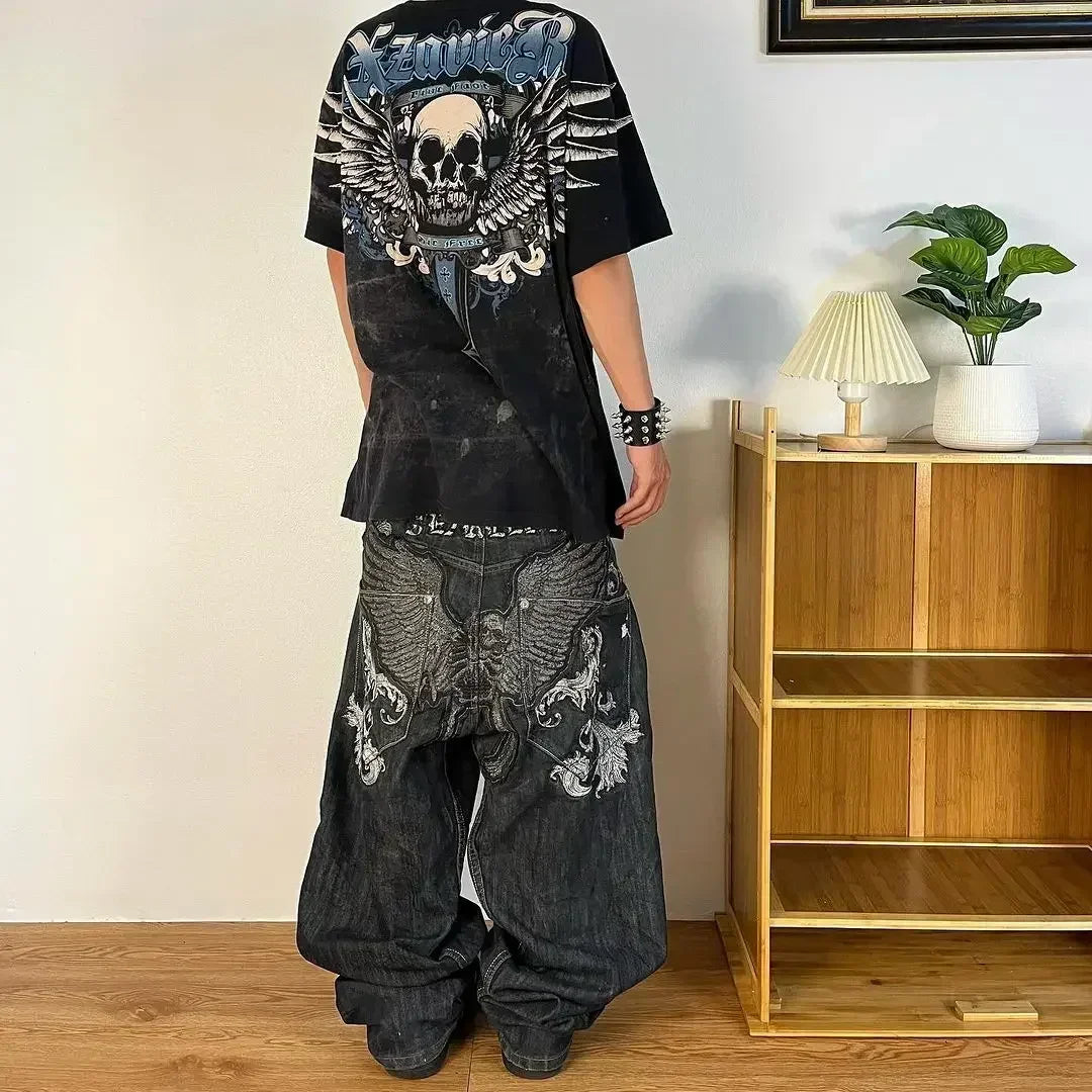 Y2K Fashion Red Print Grey Washed Baggy Jeans Men Women Harajuku Gothic Skateboard Pants Vintage Street Clothes Wide leg pants