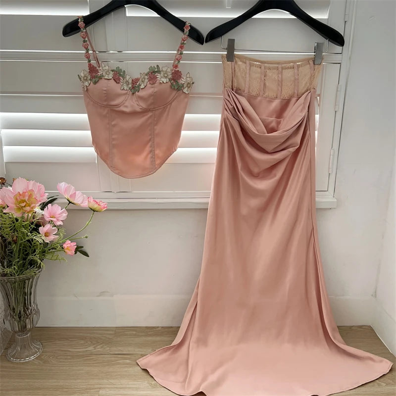 Women's Pink Skirt Sets Vintage Long Skirt Off Shoulder Lace Crop Top Y2k Korean Elegant 2000s New Matching Sets Clothes Summer