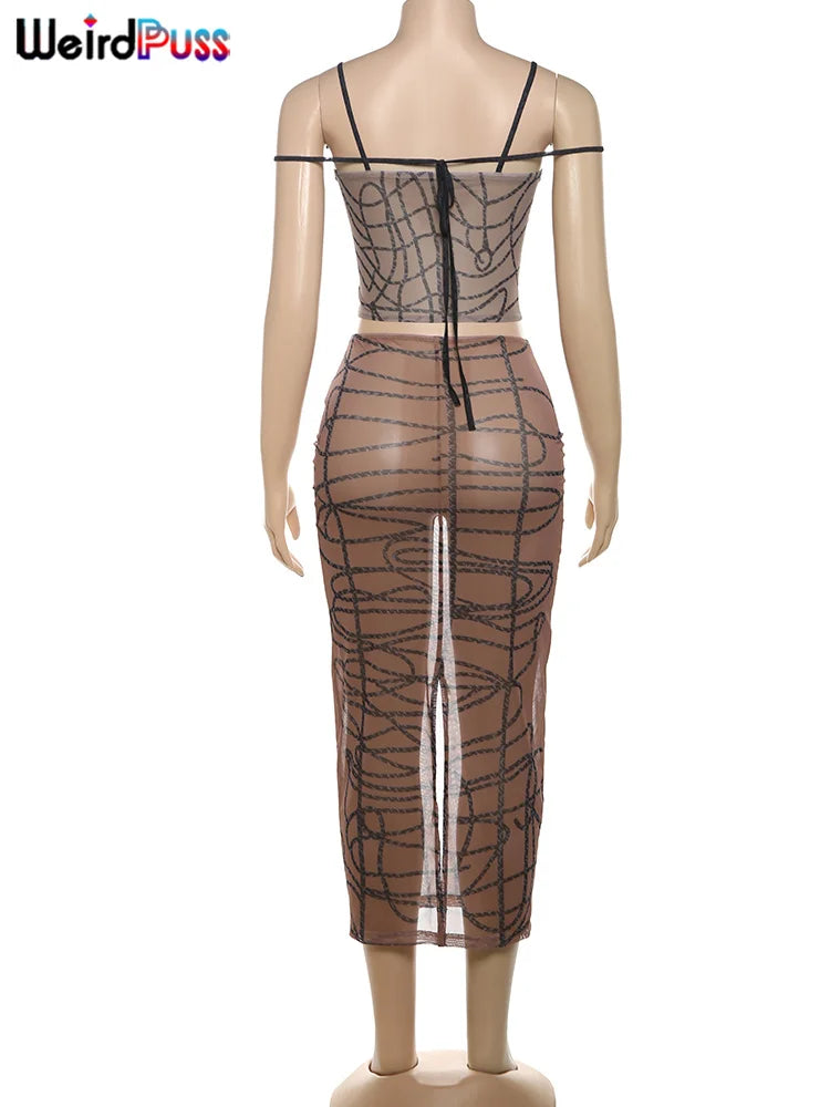 Weird Puss Stripe Print Sexy 2 Piece Set Women See Through Coquette Camisole+Long Skirts Midnight Clubwear Party Matching Suits Viralgem Store
