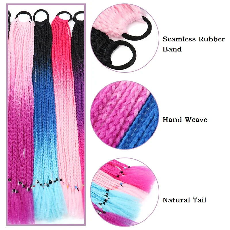24Inch Synthetic Gradient  Colored Braided Ponytail Hair Extension Elastic Rubber Band Braiding Ponytail for Girl Women Viralgem Store