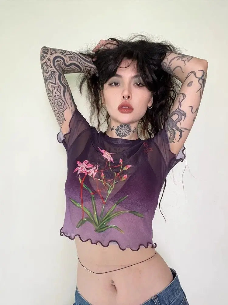 Yedinas Summer Crop Top Mesh Tops Short Sleeve Purple T Shirt Women Clothes Sheer See Through Gothic Floral Tees Y2k Chic Tshirt