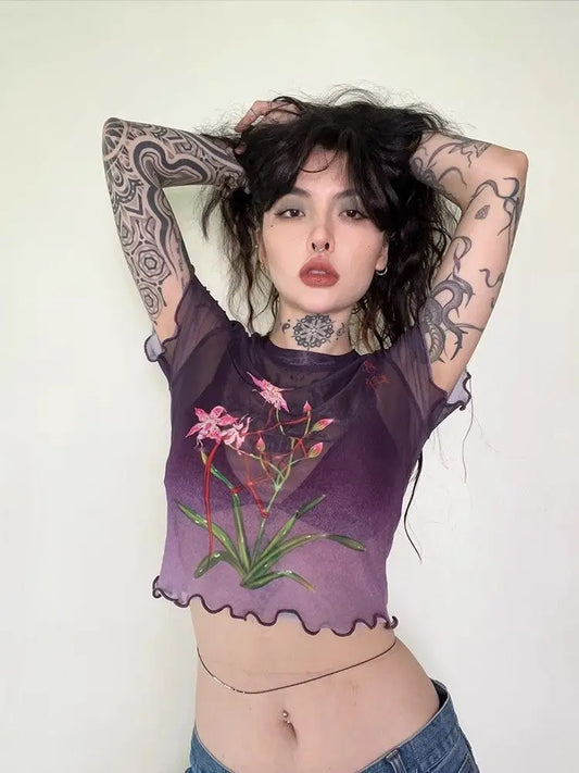 Yedinas Summer Crop Top Mesh Tops Short Sleeve Purple T Shirt Women Clothes Sheer See Through Gothic Floral Tees Y2k Chic Tshirt
