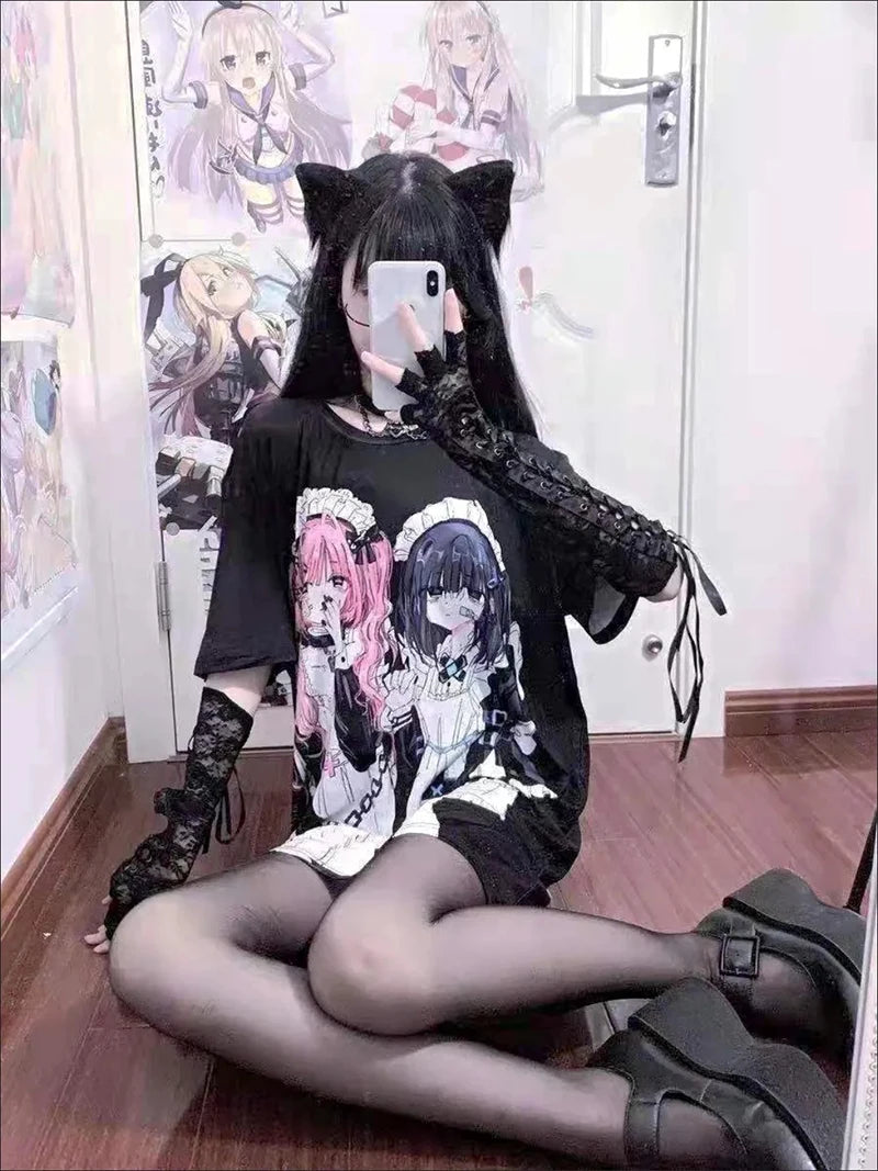Summer Gothic Harajuku Clothes For Women Long T Shirt Oversize Japanese Fashion E Girl Print Loose Short Sleeved T-Shirt Women