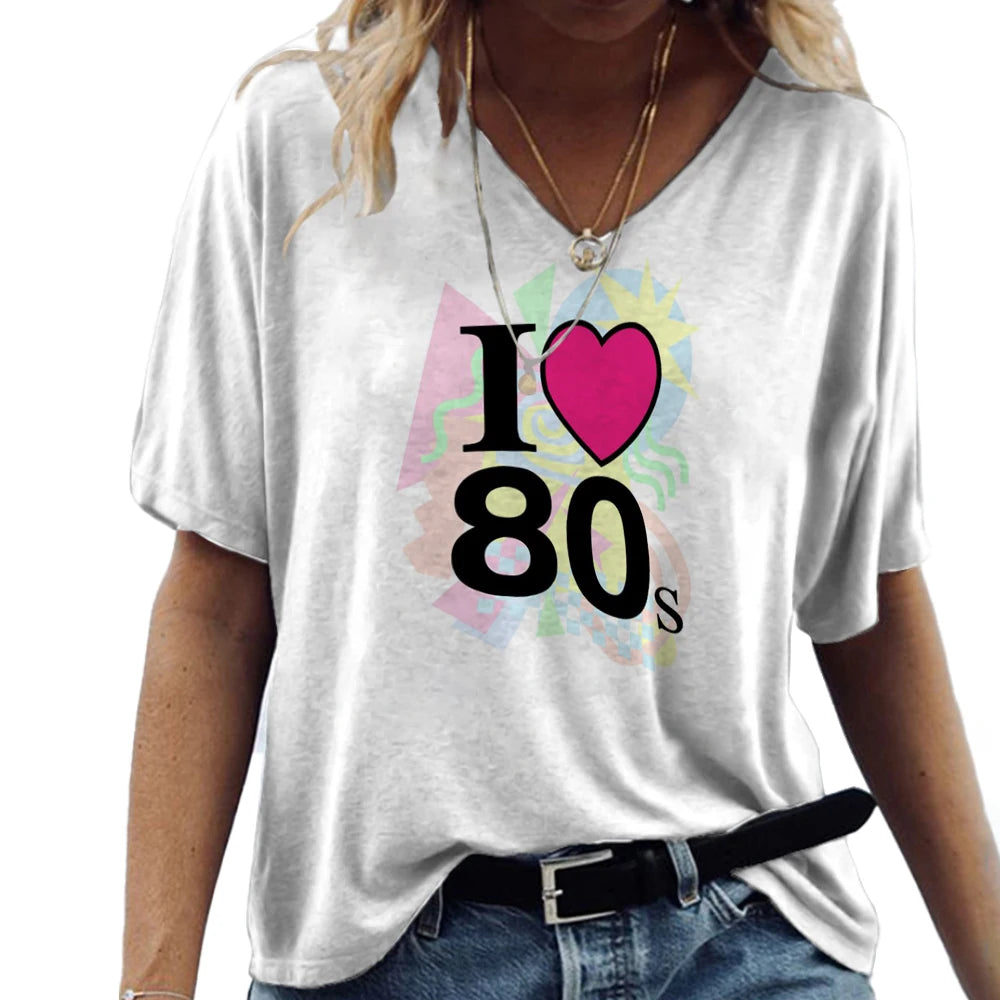 Women Fashion Short Seeve T Shirt V-neck Cotton 3d Love 80s Printed Tee Shirt Harajuku Summer Vintage Femme Loose Ladies Clothes