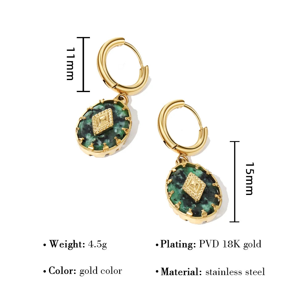 WILD & FREE 18K Gold Plated Natural Stone Stainless Steel Drop Earrings for Women Green African Turquoise Charm Vintage Jewelry