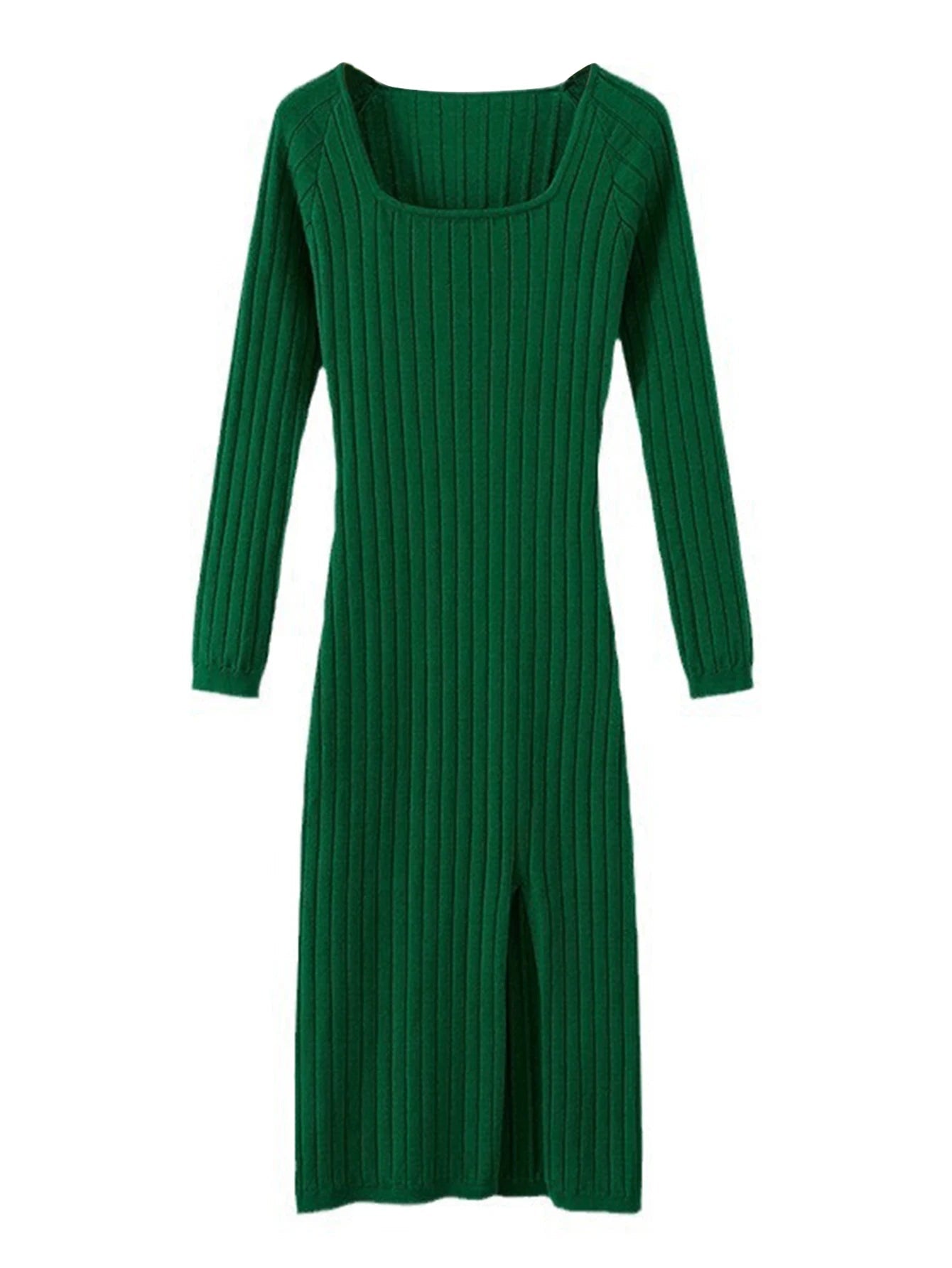 Women Bodycon Dress Long Sleeve Slim Fit Knitted Dress Square Neck Party Split Hem Long Wrap Dresses Green Viralgem Store