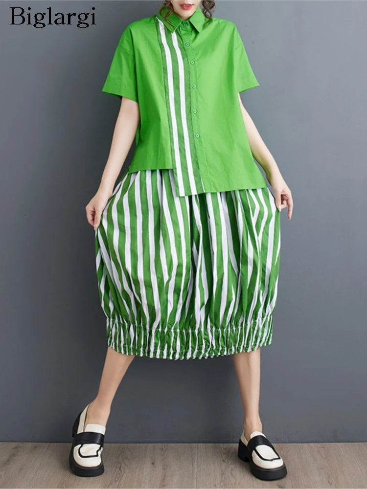 Summer Striped Print 2 Two Piece Set Women Irregular Patchwork Fashion Ladies Cropped Shirts Loose Casual Pleated Woman Skirts Viralgem Store