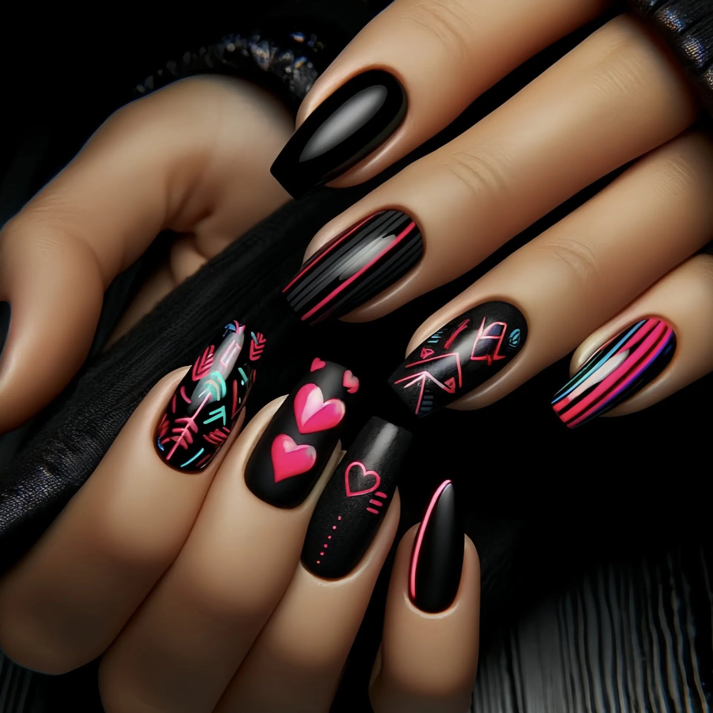 24pcs/set short Medium fake nails square ballet almond nail tips pink beautiful heart for Valentine's Day press on false nails