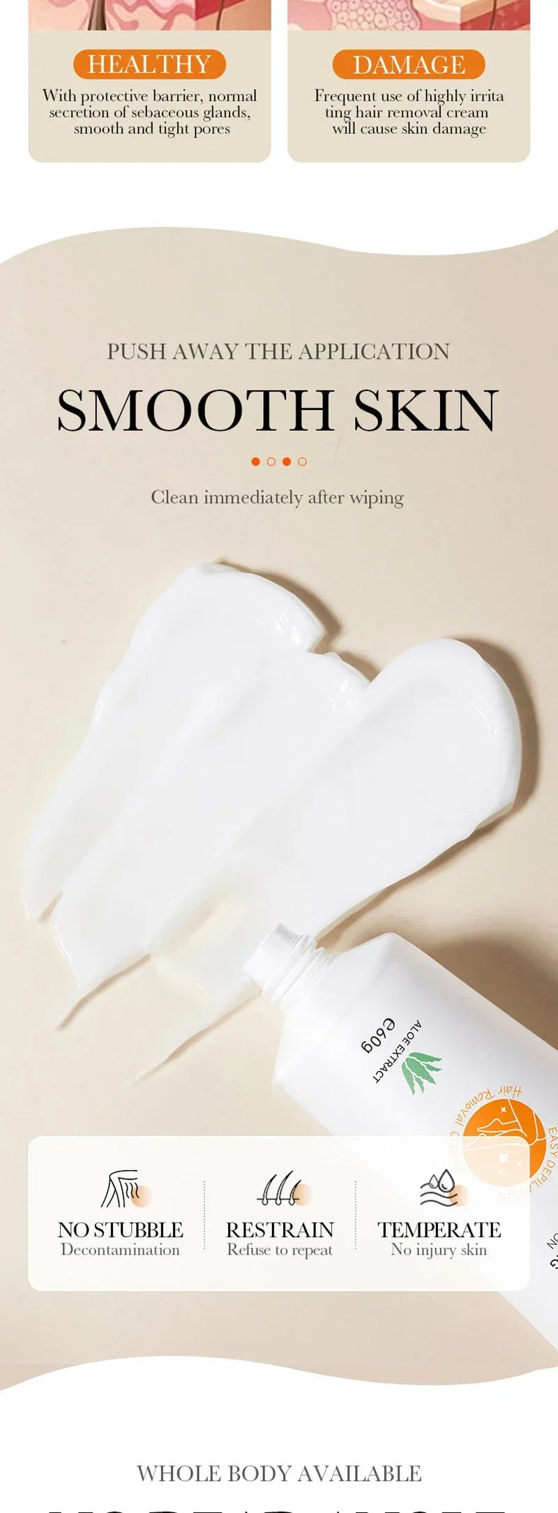 Aloe Hair Removal Cream Painless Hair Remover Semi-Permanent Intimate Areas Growth Inhibitor Depilatory Armpit  Arm Body Care