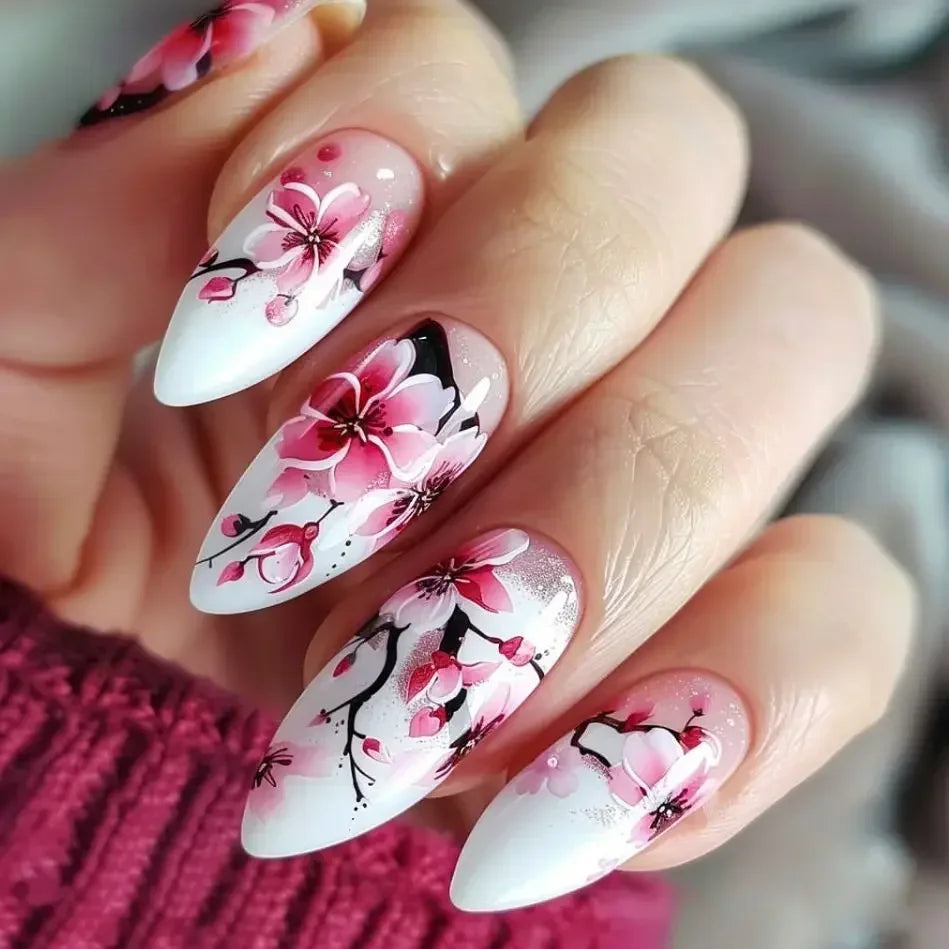 24Pcs Autumn Winter Matte Almond False Nails with Glue Rose Leaf Printing Nail Art Simple Full Cover Press on Acrylic Nails Tips Viralgem Store